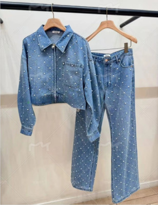 Sandro New  Women Diamond moulding Denim jacket Coats + Jeans trousers