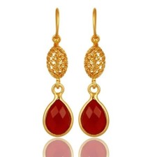 Gold Plated 925 Sterling Silver Natural Red Onyx Gemstone Jewelry Earrings