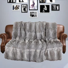 Luxury Whole Rabbit Fur Throw Real Pelt Blanket Warm Sofa Bedspread Gray 55"x63"