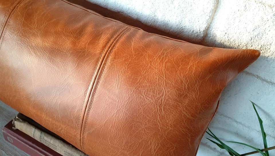 Oscar camel  pieced model faux leather lumbar pillow cover -1qty - Image 4 of 4