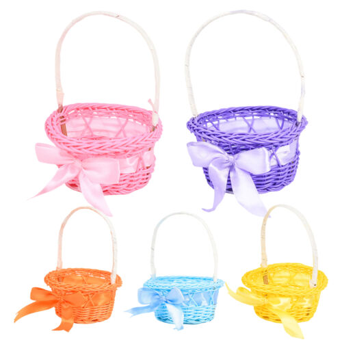 Wedding Flower Girl Basket Round Rattan Petal Storage Container Woven with Handl