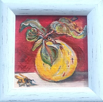 Original Oil Painting The Pear Honey Bee Art Miniature Framed Signed Art 4x4 in