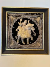 VTG Kalaga Tapestry Hand Embroidered Burmese Elephant & Warrior Mtd Framed 24x24