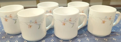 6 ~ODESSA by ARCOPAL Coffee Mug Cup 8oz Floral Design MILK GLASS France VTG 1960