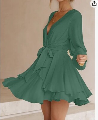 MAP EMERALD CREPE GREEN LONG SLEEVES WRAP DRESS BLOGGERS FAVE FULL SKIRT SZ S