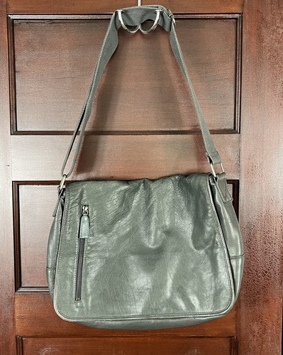 Crate & Barrel Green Messenger Bag Soft Leather Travel Tablet Compartments