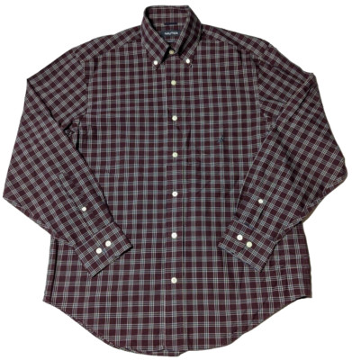 NAUTICA 80'S TWO-PLY COTTON Men Small Purple Blue Plaid Button-Up Shirt EUC
