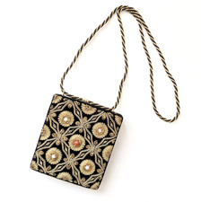 Zardozi Embroidery Vintage Evening Shoulder Bag Black/Gold Velvet/Stone 5x5 in