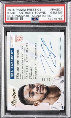 2015 PANINI PRESTIGE NBA PASSPORT SIGNATURES KARL-ANTHONY TOWNS #/99 PSA 10 AUTO
