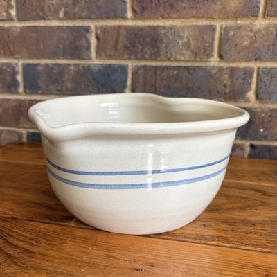 Vintage Marshall Pottery Heart Shaped Bowl With Pour Spout Blue Stripes 10  Wide