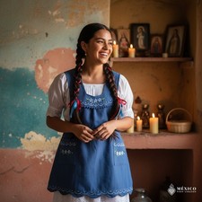 Blue Mexican Embroidered Apron   Cotton Apron Floral Design 33 x 23 in