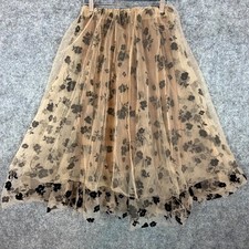 Womens Midi Skirt Brown Floral Sheer Lined Elastic Waist Boho Fairy Earthy