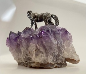 Real amethyst purple quartz with horse figurine attached