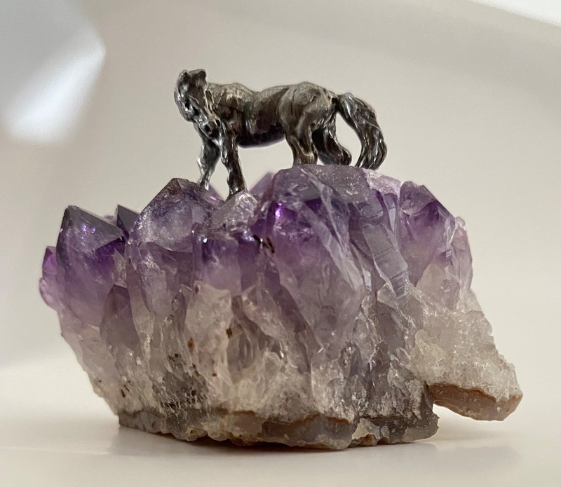 Real amethyst purple quartz with horse figurine attached