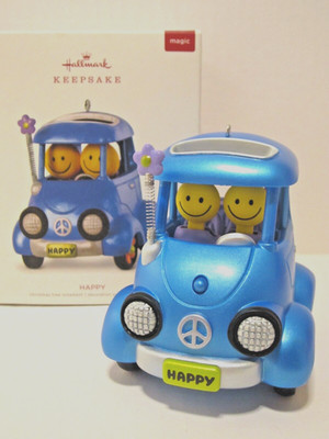 Hallmark Ornament 2018 Happy - Magic Sound & Solar Power Blue Retro Car NEW B3