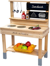 Wooden Mud Kitchen,Outdoor Play Kitchen with Sink,Blackboard and Accessories for