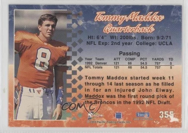 1993 Pacific Tommy Maddox #355 - Image 2 of 2
