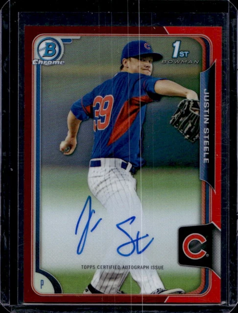 2015 Bowman Chrome Justin Steele Auto 1. Prospekt roter Refraktor #/5 Cubs