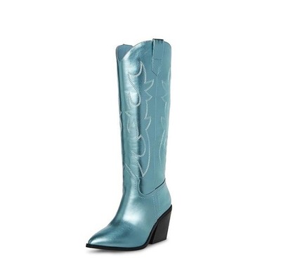 Madden Girl Womens 6.5 M Blue Metallic Arizona Western Knee High Boots NIB KM2