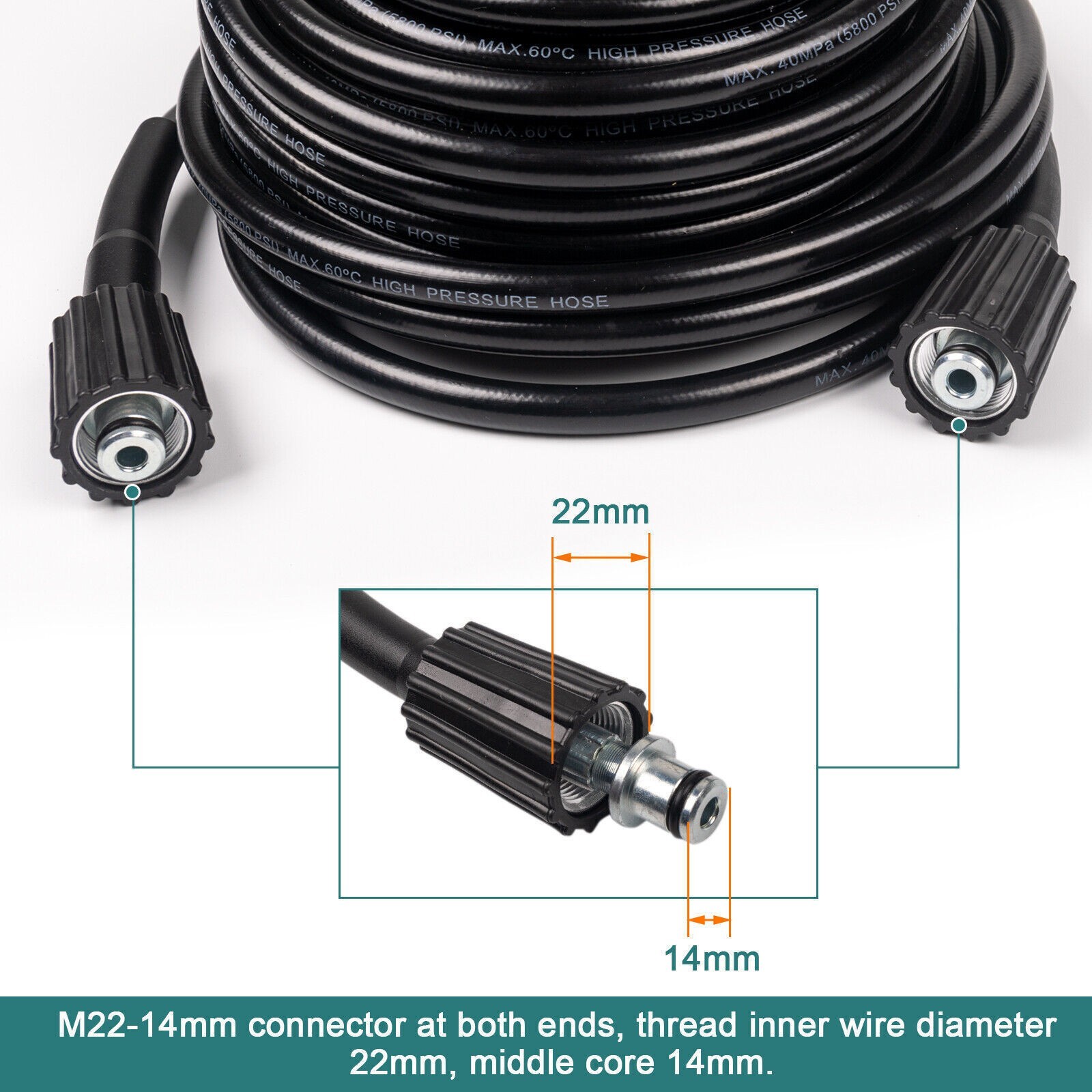 50 FT High Pressure Washer Hose 5800 PSI M22-14MM Power Washer Extension Hose US