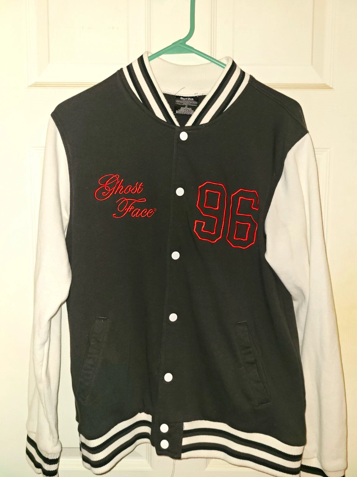 Ghost Face Icon of Halloween Varsity Jacket Black/White Snap Pockets S - product detail image 1