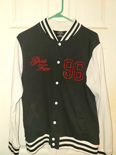 Ghost Face Icon of Halloween Varsity Jacket Black/White Snap Pockets S video thumbnail