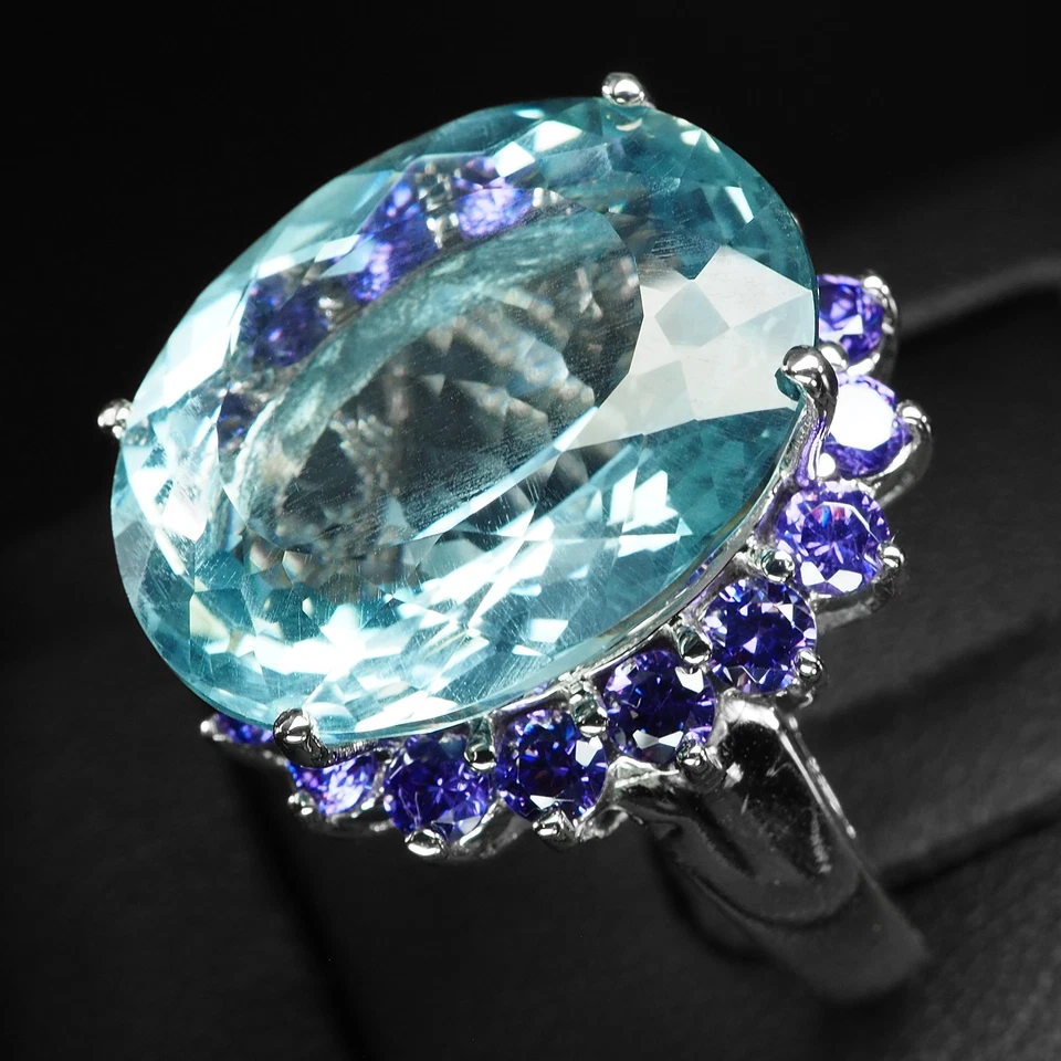 Anillos halo luminosos hechos a mano de plata de ley 925 de 21,76 quilates de aguamarina azul marino Foto 4 de 4