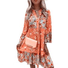Womens Floral Boho V Neck Loose Dress Ladies Long Sleeve Summer Holiday Sundress