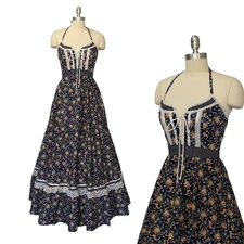 Gunne Sax Rooster Print Halter Dress Size 9 S Corset Lace Up Maxi Vintage 70s