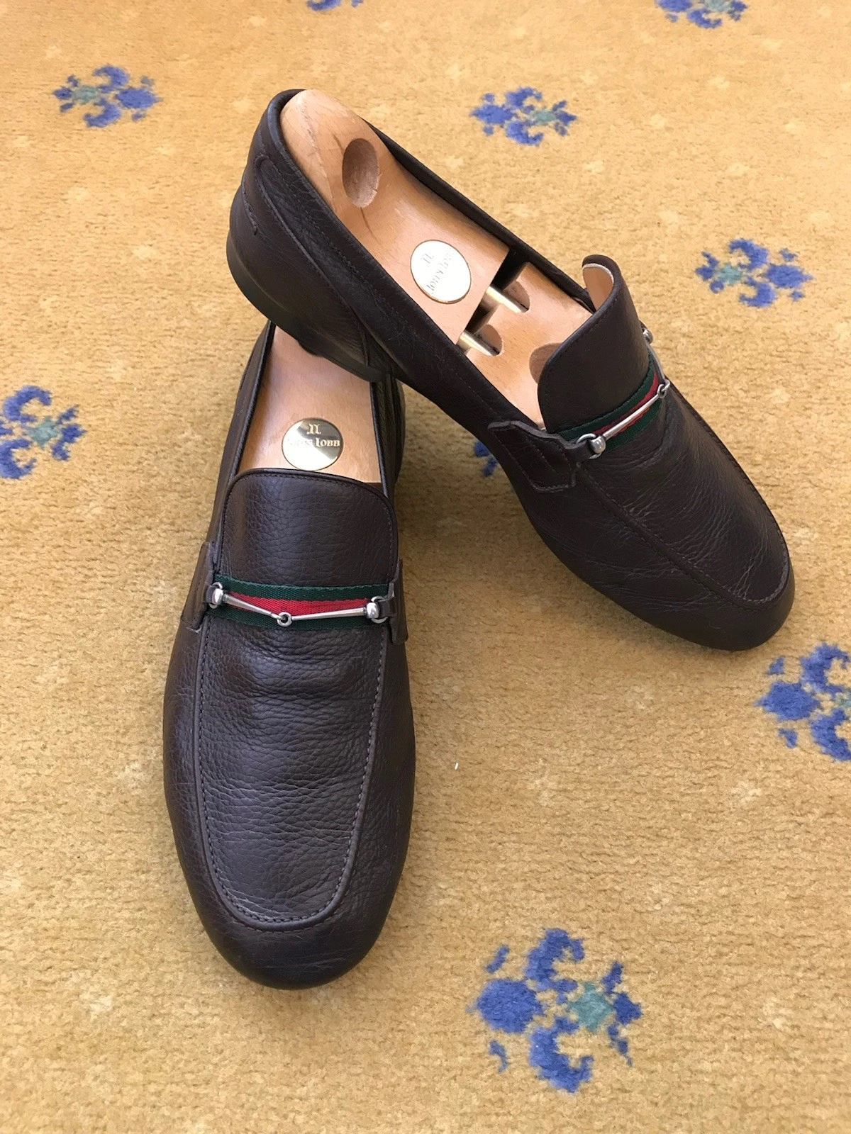 Mocassins Gucci chaussures en cuir Horsebit marron toile vert rouge homme UK 8,5 US 9,5 42+