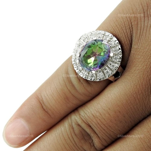 925 Silber Ovale Mystic Topas Cubic Zirkonia Solitaire Rhodiniert Ring US 6 - Bild 4 von 9