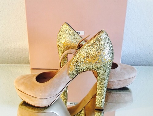 NEW PRADA MIU MIU GOLD GLITTER PINK BARBIE SUEDE PLATFORM HEELS SHOES SZ 37 - Picture 2 of 6