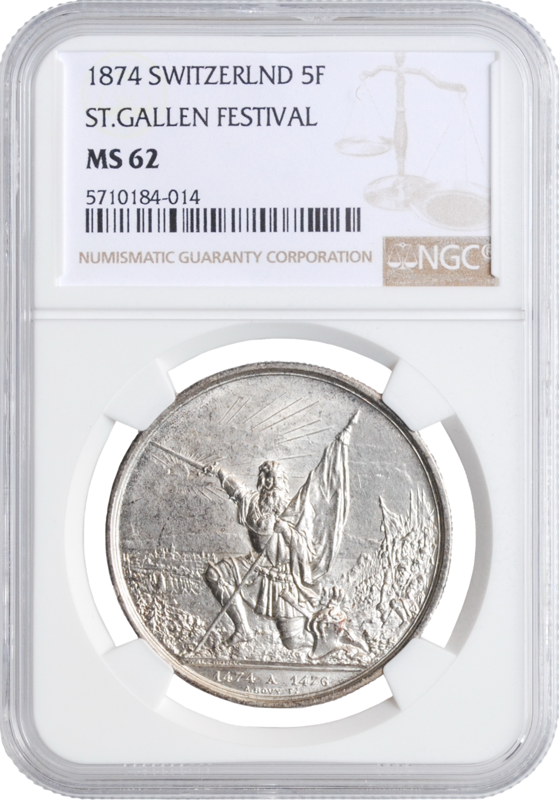 Switzerland 5 francs 1874, NGC MS62, 