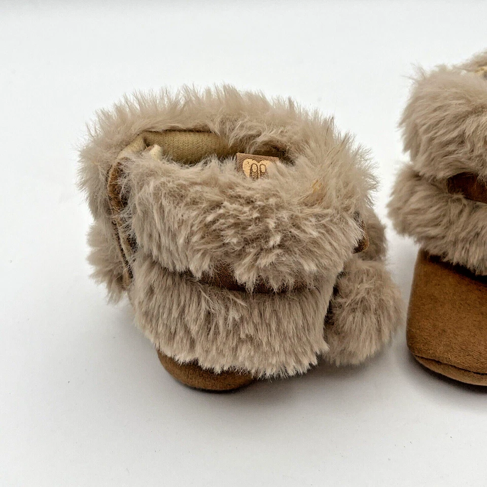 Stepping Stones Size 0-3 mo Brown Furry Baby Boots Moccasins Faux Suede Pom Poms - Image 3 of 4