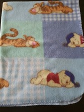 Disney Baby Blanket Winnie Pooh Tigger Sleeping Blue Patchwork Fleece Squares
