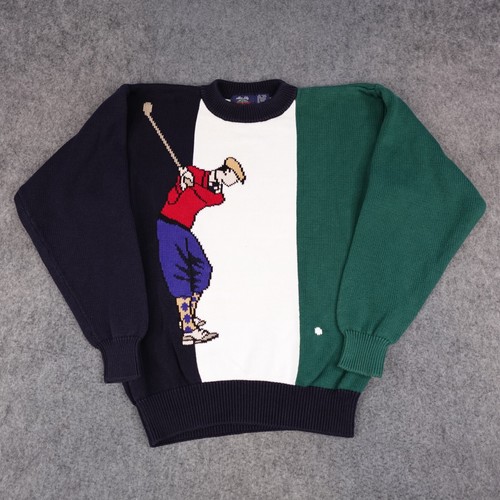 Vintage Golf Sweater Mens Medium Blue Green Crewneck Golfer Logo Allen Solly 90s