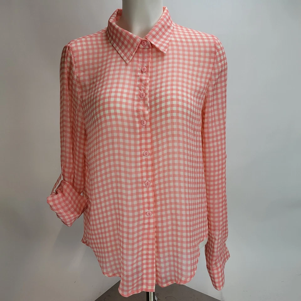 Blusa Living Doll lengüeta enrollable naranja brillante a cuadros transparente con botones para mujer M Foto 2 de 4