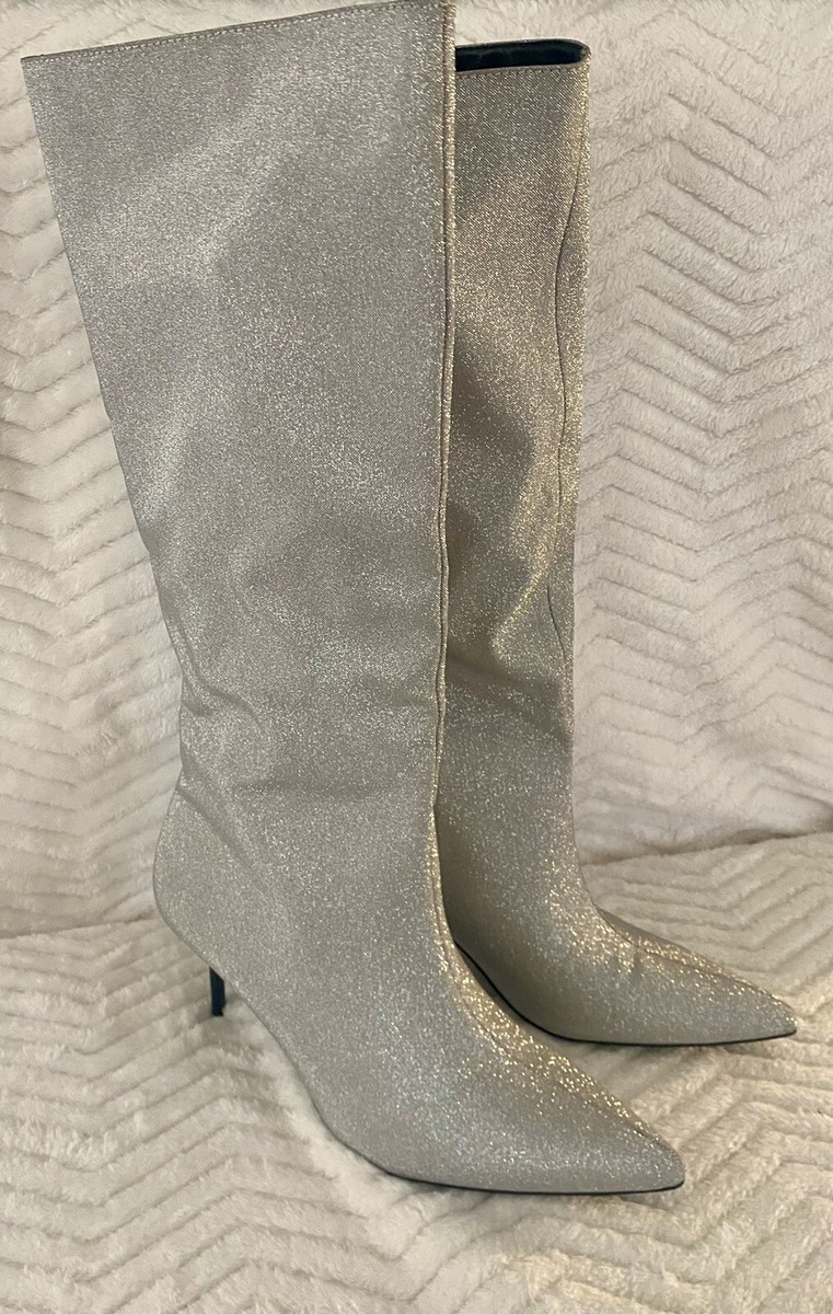 NWT Zara Glitter Boots silver metallic size 40 Kitten Heel