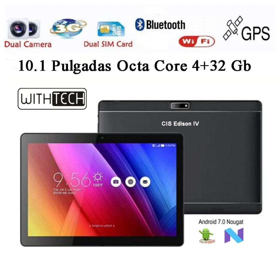 10,1 Tablet WITHTECH , 3G, OCTA CORE, 4 GB RAM DUAL SIM NEGRA CON FUNDA - Imagen 2 de 4
