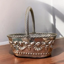 Oval Repousse Silver Plated Basket India Easter Basket, Floral, Gift
