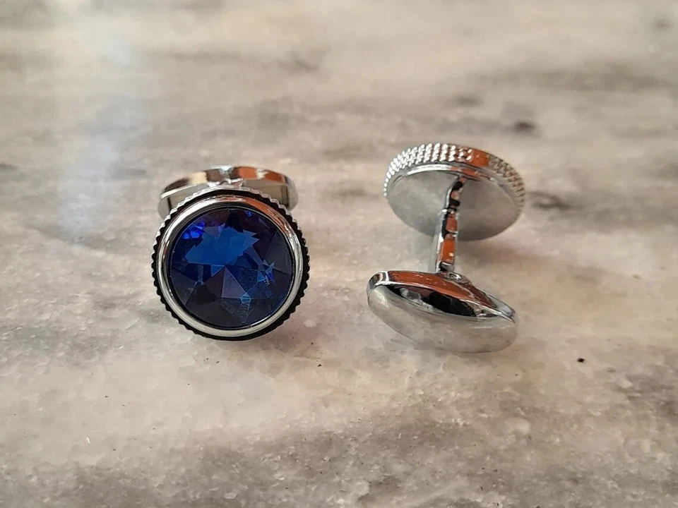 Juego de bisel de zafiro azul redondo creado en laboratorio de 8 mm par de gemelos para hombre en plata 925 Foto 2 de 4