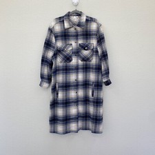 Elan Blue Plaid Flannel Long Snap Jacket Shacket W Pockets Jp8143 Womens Medium
