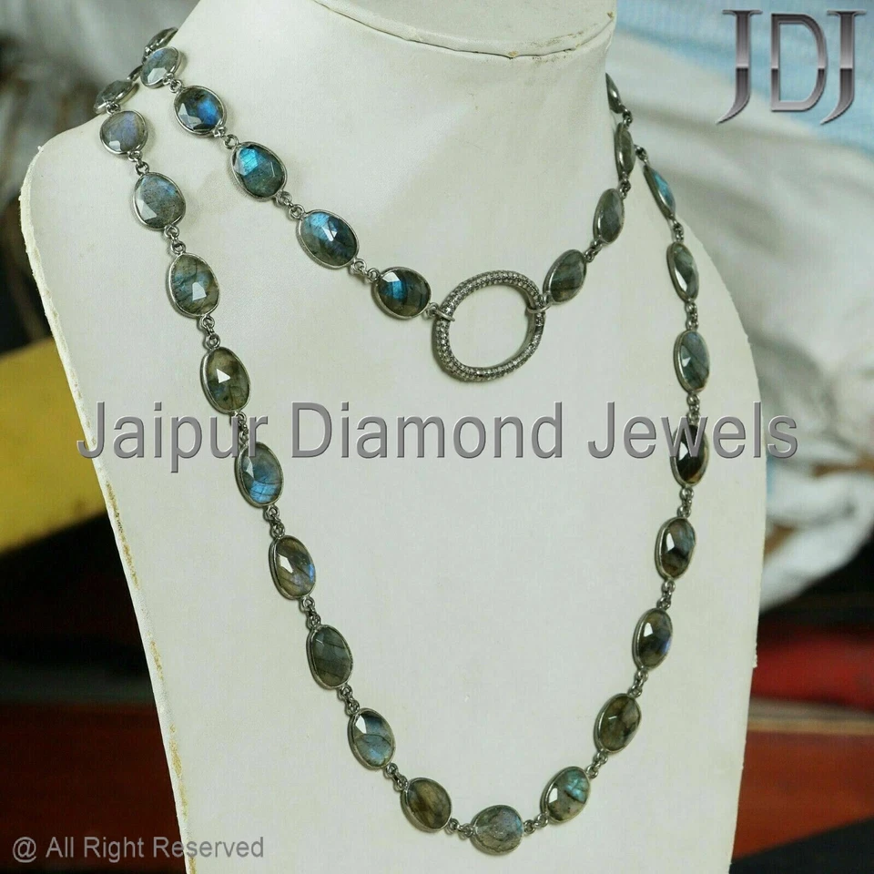 Labradorite Necklace Jewelry 925 Sterling Silver Gemstone Diamond Clasp 36 Inch - Image 3 of 4