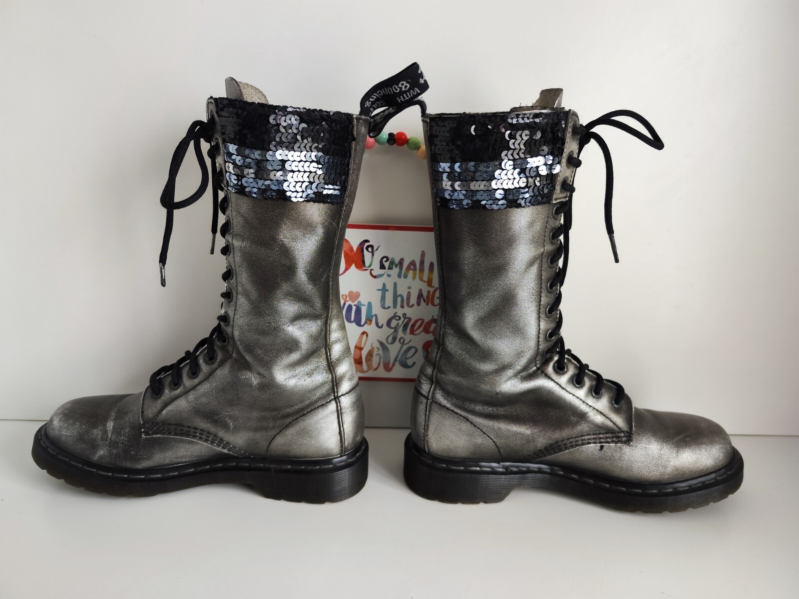 Rare Dr Doc Martens 1914 sequin Seqn 14 eye silver midcalf  boots UK6 EU39 US8 image 10