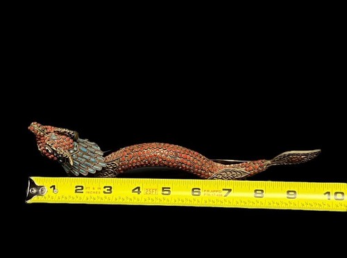 VINTAGE TIBETAN ASIAN GEMSTONE INLAYS & BRASS FILIGREE DRAGON INCENSE BURNER - Picture 5 of 6