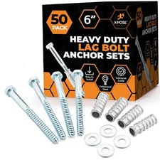 Concrete Anchors Set with 6" Lag Bolt, Lag Shield and Washer - 50 Sets per Pa...