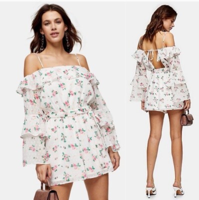 Topshop 8 White Floral Bardot Off Shoulder Tiered Coquette Ruffle Romper 667 | eBay Topshop 8 White Floral Bardot Off Shoulder Tiered Coquette Ruffle Romper 667 | eBay