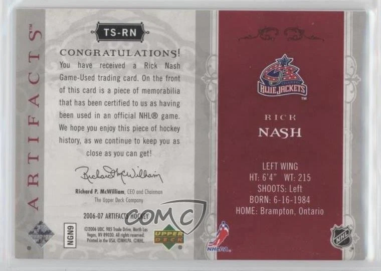 2006-07 Upper Deck Artifacts Treasured Swatches Red /100 Rick Nash #TS-RN - Image 2 of 2