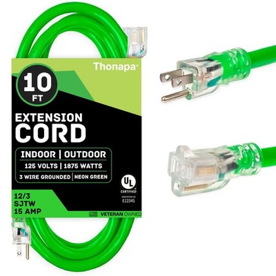 12 Gauge 10 ft Outdoor Extension Cord 12/3 Heavy Duty 3 Prong 15 Amp Neon Green
