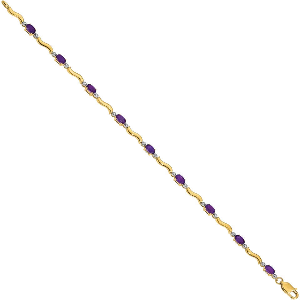 10K Solid Yellow Gold Diamond Amethyst Tennis Bracelet - Image 2 of 4